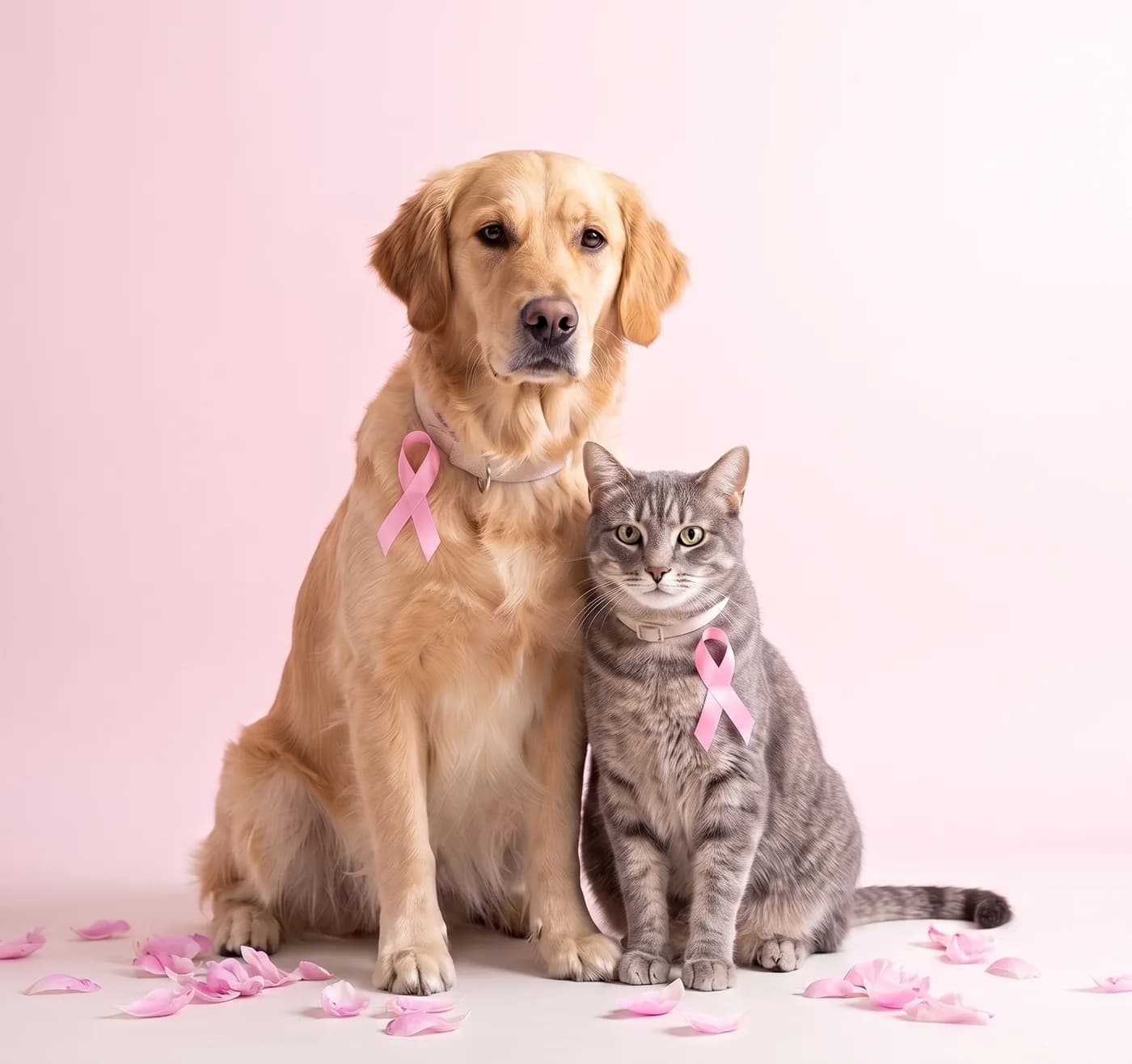 Une chienne golden retriever et une chatte tigrée portant un ruban rose